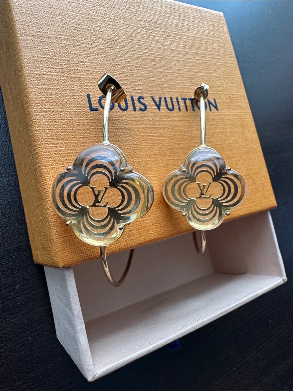 Louis Vuitton Gold Floral Hoop Earrings with Clear Resin Accents